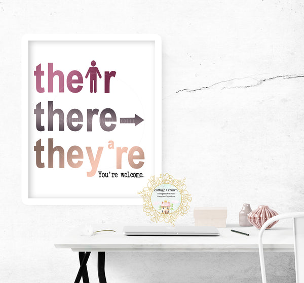 Their There They're Preppy Grammar Decor - School - Home + Office Wall Art Print