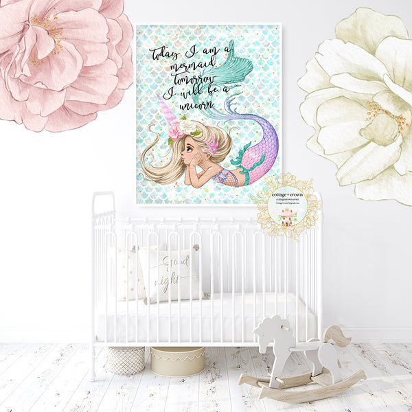 Today I Am A Mermaid Wall Art Print Nursery Bedroom Bathroom Home Office Décor