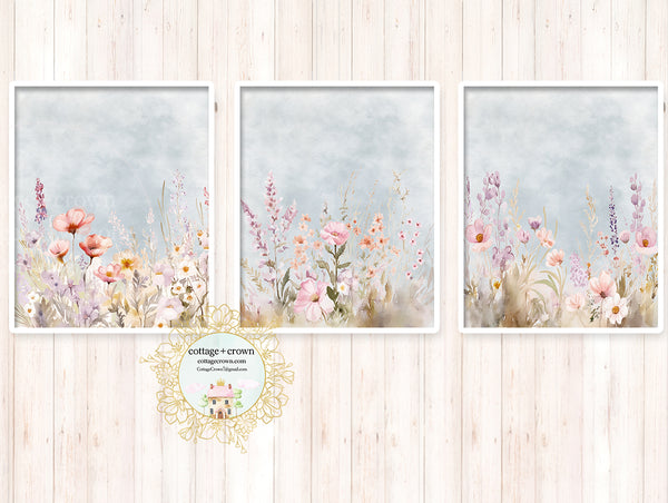 3 Wildflowers Boho Watercolor Printable Wall Art Print Set