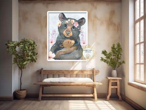 Black Bear Mama + Baby Wildflowers Boho Watercolor Printable Wall Art Print