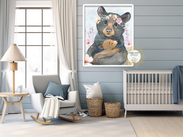 Black Bear Mama + Baby Wildflowers Boho Watercolor Printable Wall Art Print