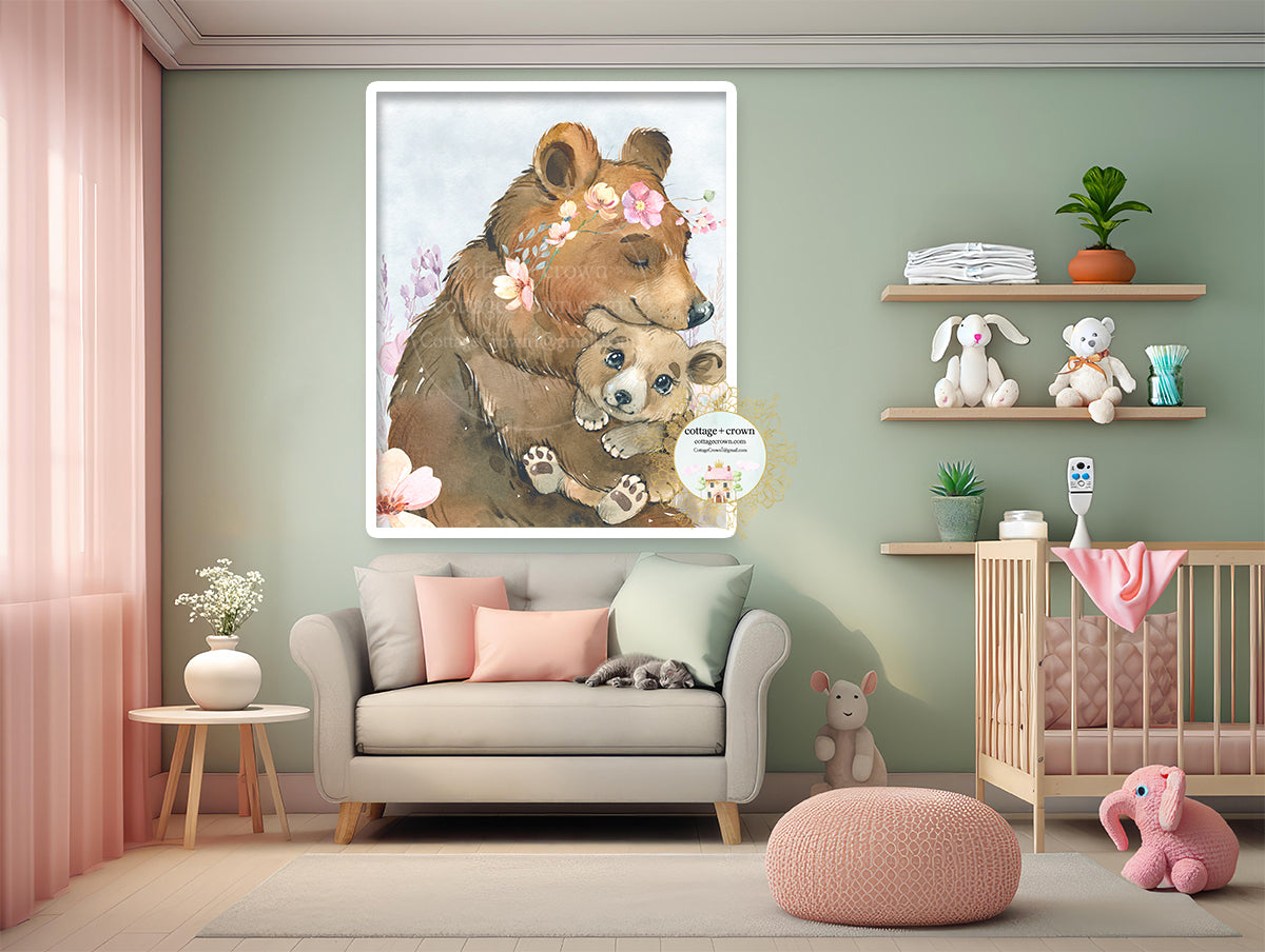 Brown Bear Mama + Baby Wildflowers Boho Watercolor Printable Wall Art Print