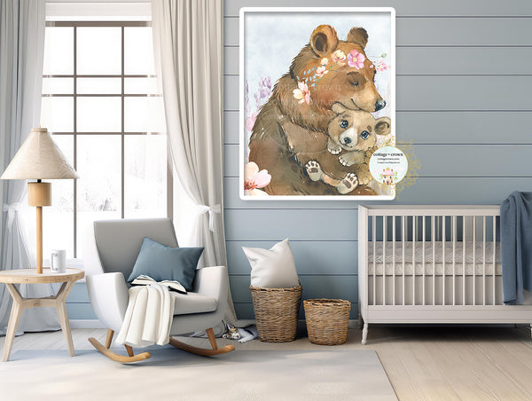 Brown Bear Mama + Baby Wildflowers Boho Watercolor Printable Wall Art Print