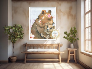 Brown Bear Mama + Baby Wildflowers Boho Watercolor Printable Wall Art Print
