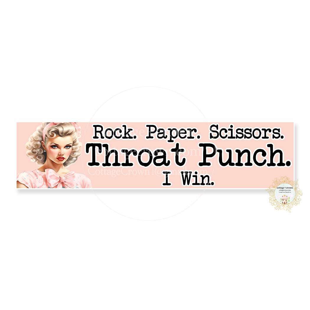 Rock Paper Scissors Throat Punch I Win Car Bumper 2x8" Vinyl Waterproof Weatherproof Sticker