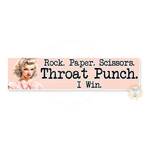 Rock Paper Scissors Throat Punch I Win Car Bumper 2x8" Vinyl Waterproof Weatherproof Sticker