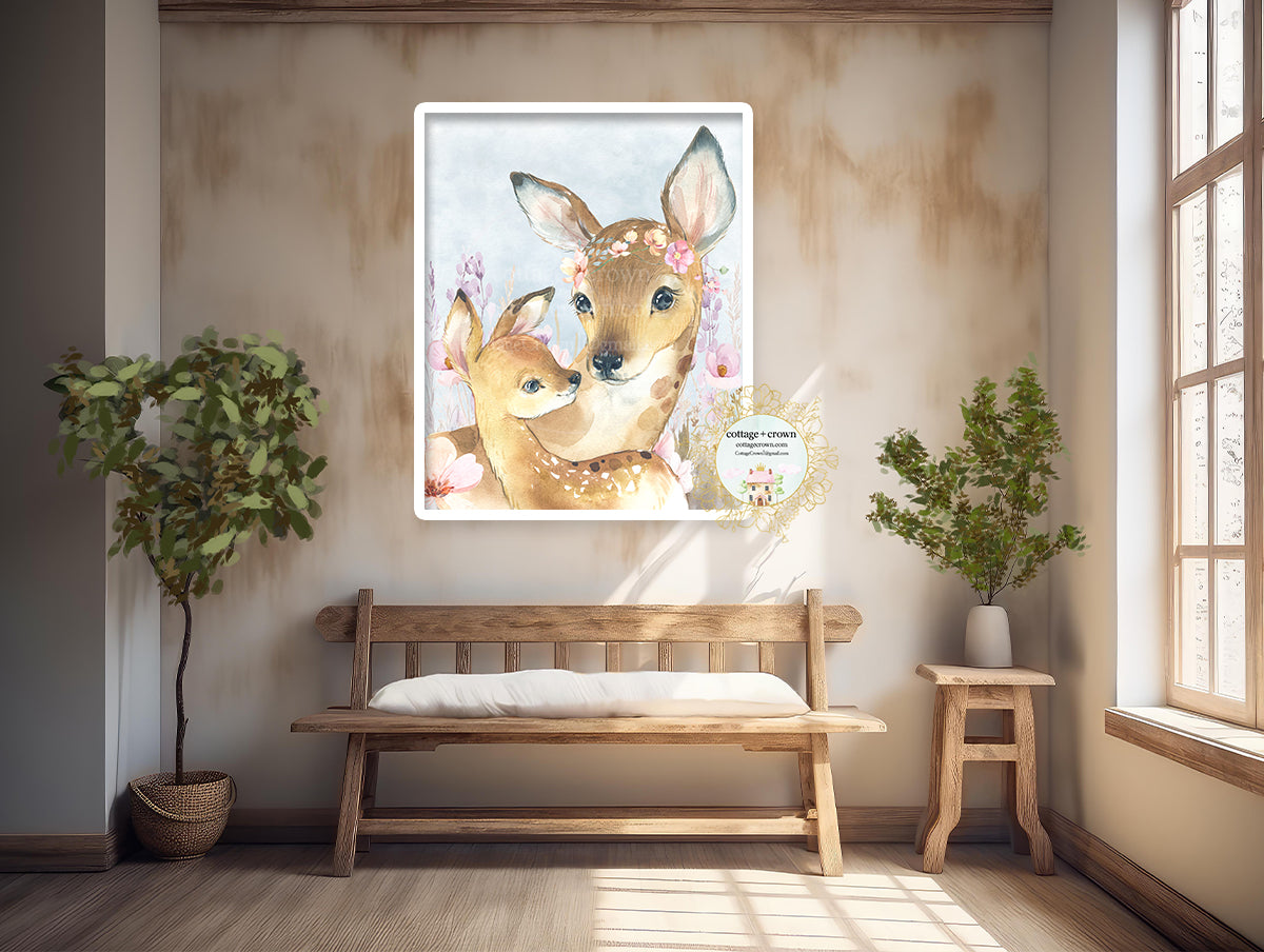 Deer Mama + Baby Wildflowers Boho Watercolor Printable Wall Art Print