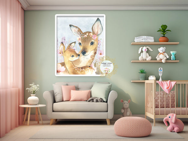 Deer Mama + Baby Wildflowers Boho Watercolor Printable Wall Art Print