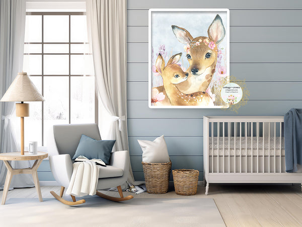 Deer Mama + Baby Wildflowers Boho Watercolor Printable Wall Art Print