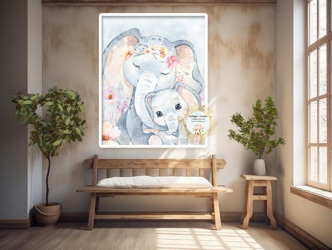 Elephant + Baby Wildflowers Boho Watercolor Printable Wall Art Print