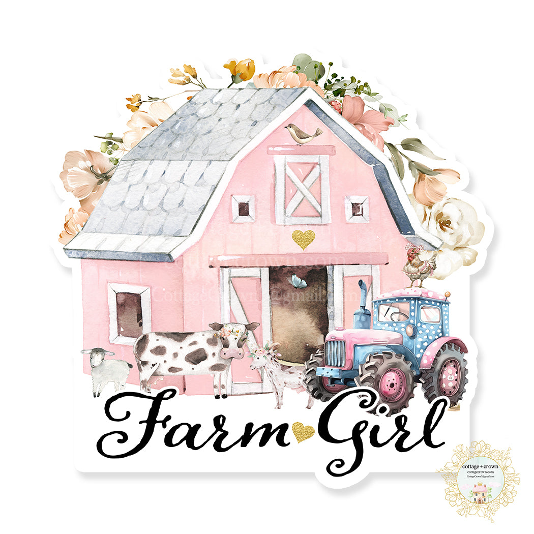 Farm Girl Pink Barn Tractor Vinyl Decal Sticker