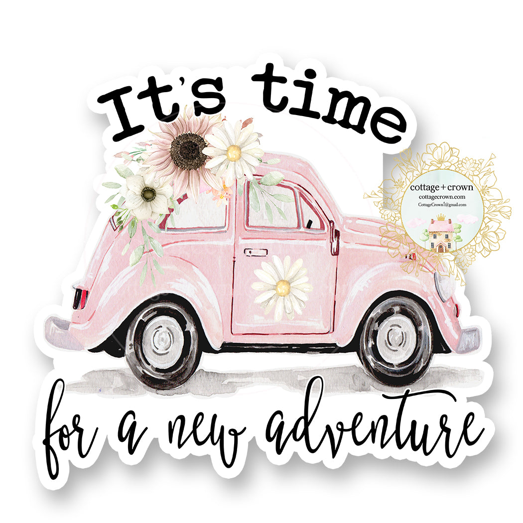 Pink VW Volkswagen Bug It's Time For A New Adventure Vinyl Decal Sticker