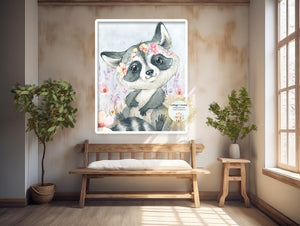 Raccoon + Wildflowers Boho Watercolor Printable Wall Art Print