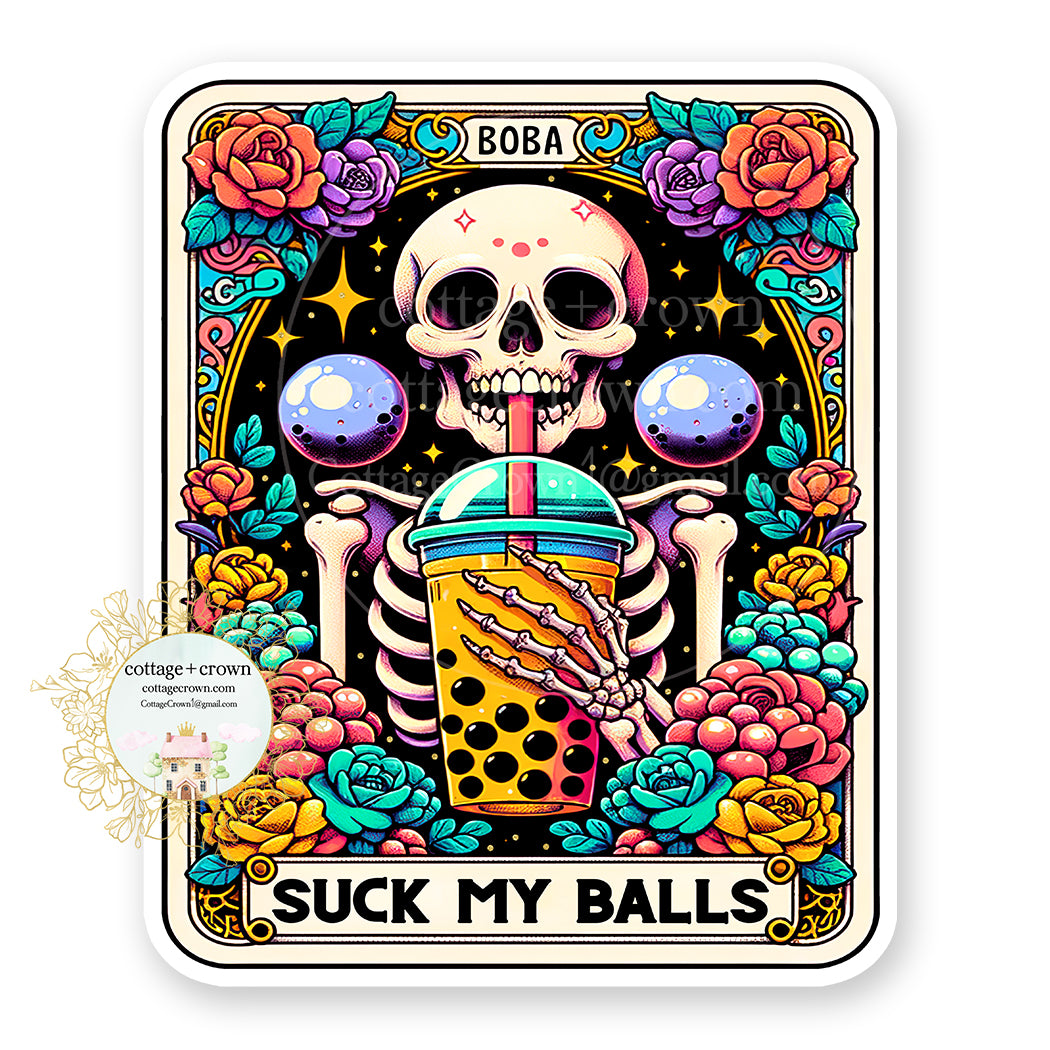 Tarot Card The Boba Suck My Balls Skeleton Tea Boho Vinyl Decal Sticker