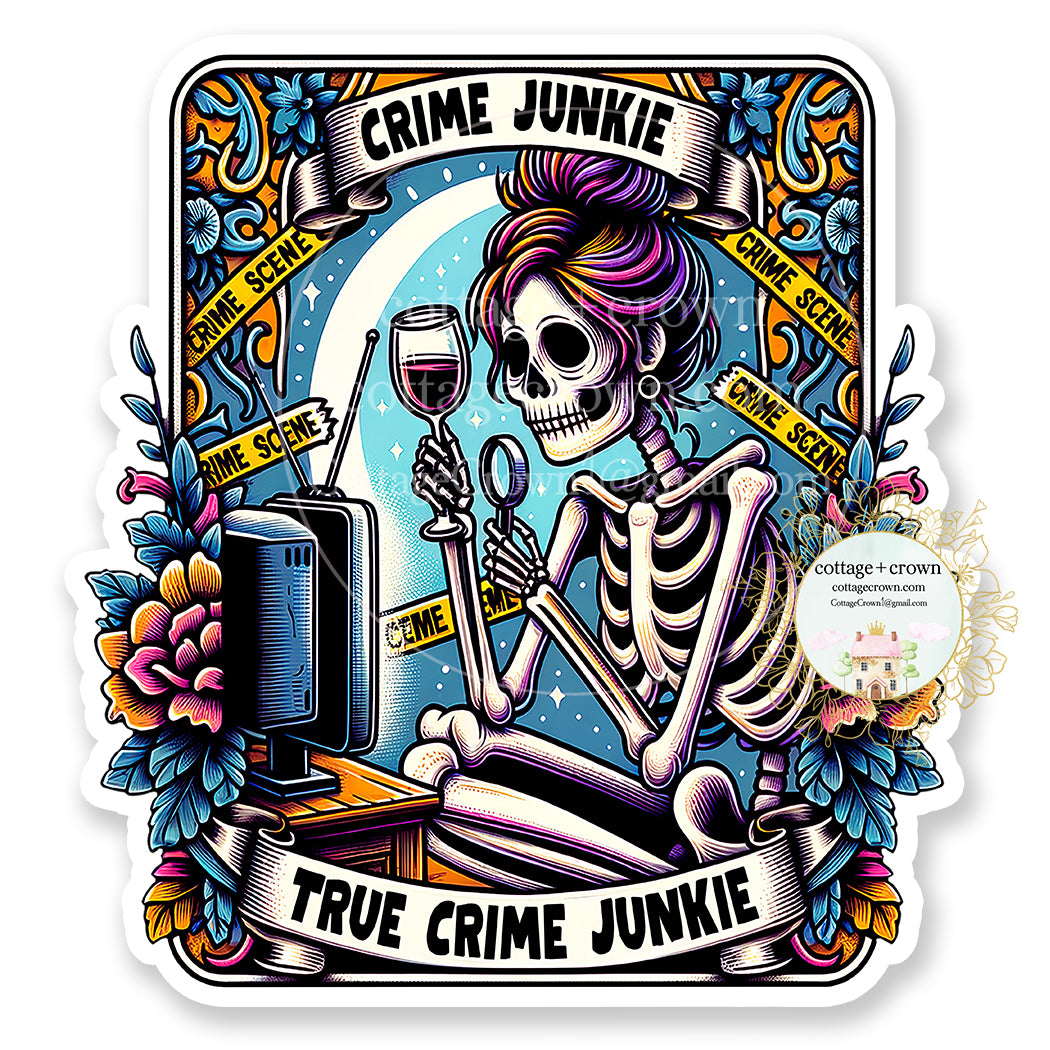 True Crime Junkie Tarot Card Skeleton Vinyl Decal Sticker