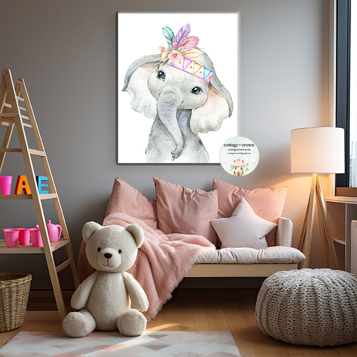 Boho Elephant Feather Headdress Watercolor Printable Wall Art Print