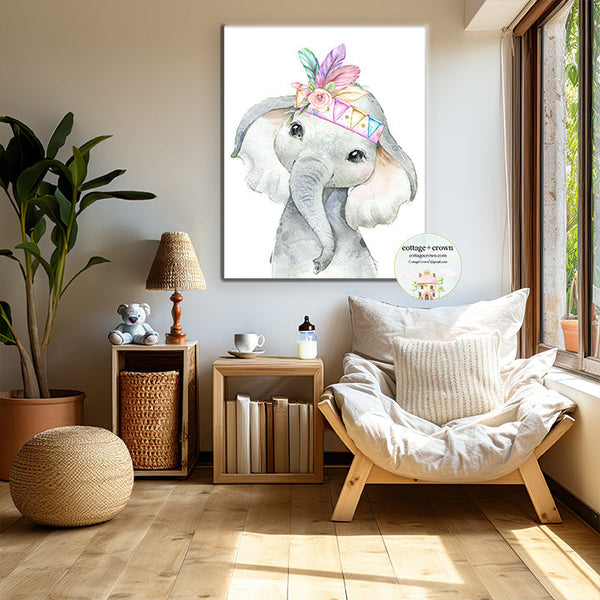 Boho Elephant Feather Headdress Watercolor Printable Wall Art Print