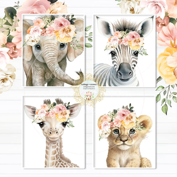 4 Boho Elephant Giraffe Lion Zebra Printable Wall Art Prints - Floral