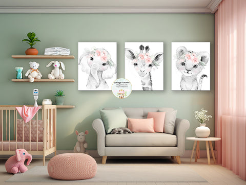 3 Elephant Giraffe Lion Floral Watercolor Printable Wall Art Prints