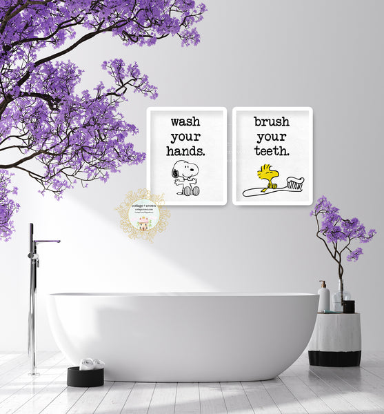 Set 2 Snoopy Woodstock Brush Your Teeth Wash Your Hands Printable Wall Art Print Peanuts Bathroom Decor