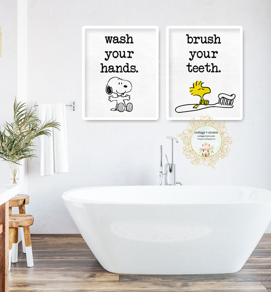 Set 2 Snoopy Woodstock Brush Your Teeth Wash Your Hands Printable Wall Art Print Peanuts Bathroom Decor