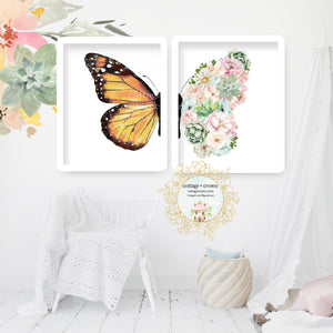 2 Succulent Monarch Butterfly Halves Wall Art Print Set