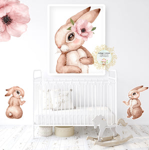Boho Blush Bunny Rabbit Pink Floral Animal Wall Art Print - Woodland
