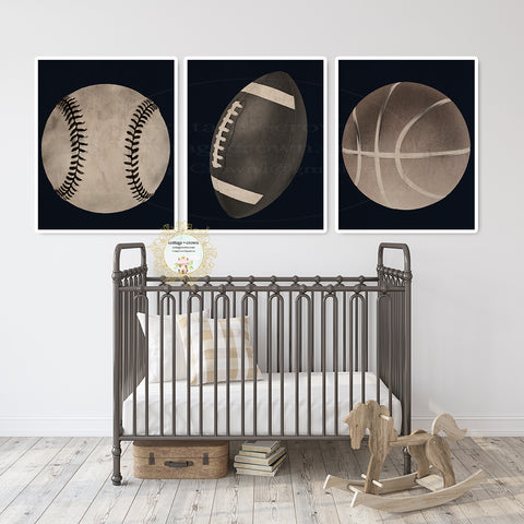 3 Monochromatic Baseball Basketball Football Sports Ball Wall Art Prints