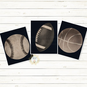 3 Monochromatic Baseball Basketball Football Sports Ball Wall Art Prints