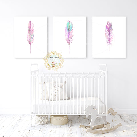 3 Boho Purple Turquoise Feather Tribal Watercolor Wall Art Prints