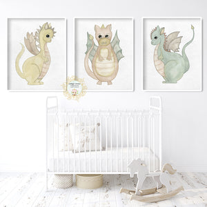 3 Dragon Dinosaur Baby Boy Nursery Wall Art Prints