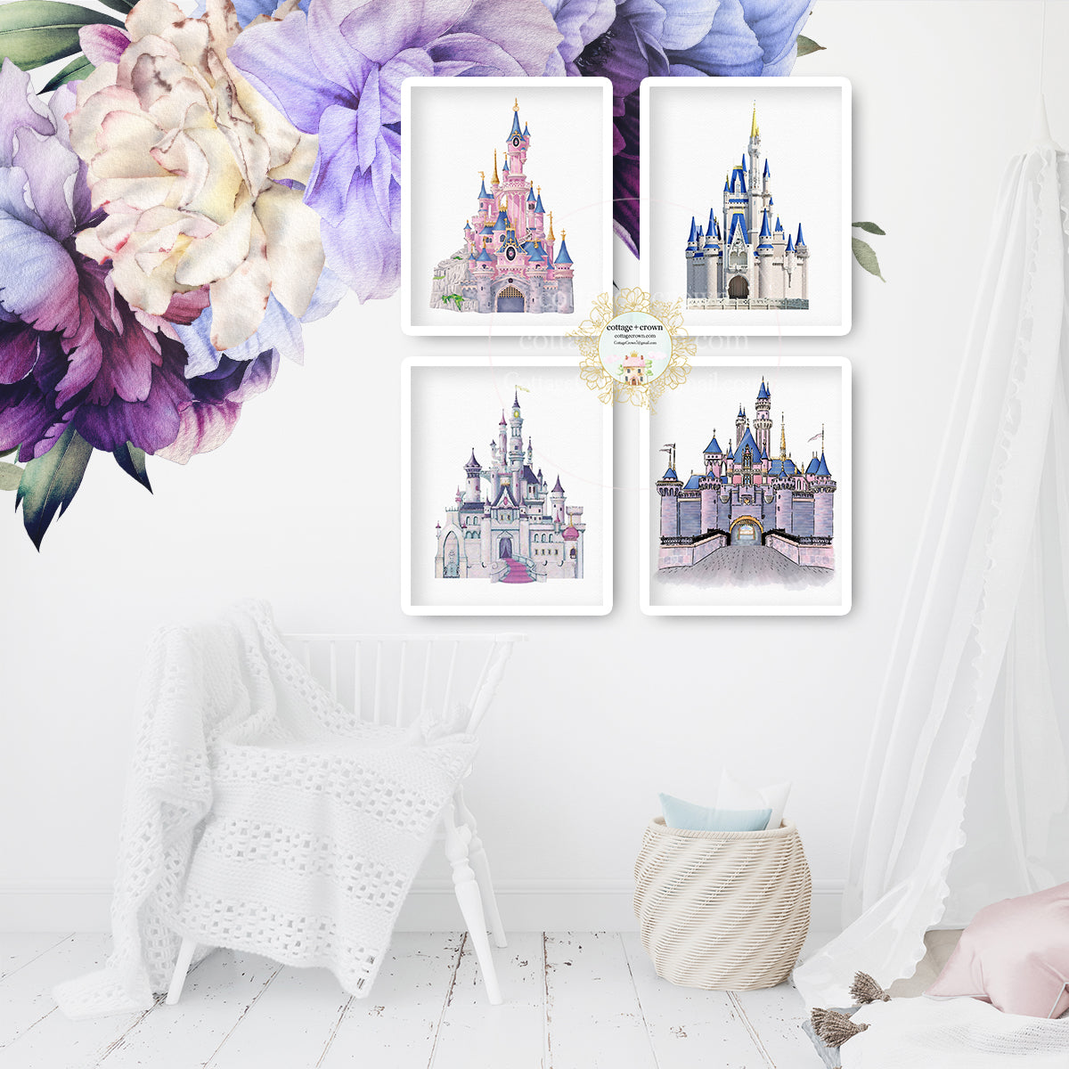 4 Magic Kingdom Princess Disney Castle Set Wall Art Prints - Cinderella - Frozen - Elsa - Sleeping Beauty