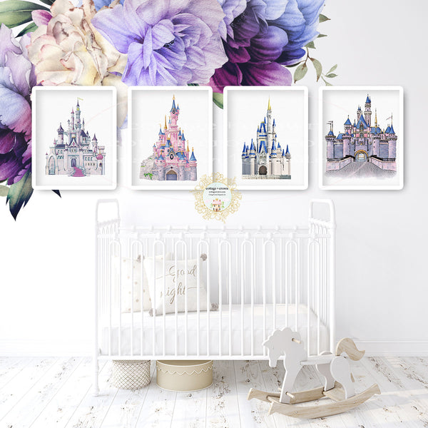 4 Magic Kingdom Princess Disney Castle Set Wall Art Prints - Cinderella - Frozen - Elsa - Sleeping Beauty