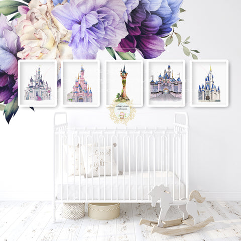 5 Magic Kingdom Princess Disney Castle Set Wall Art Prints - Rapunzel Tower - Cinderella - Frozen - Elsa - Sleeping Beauty