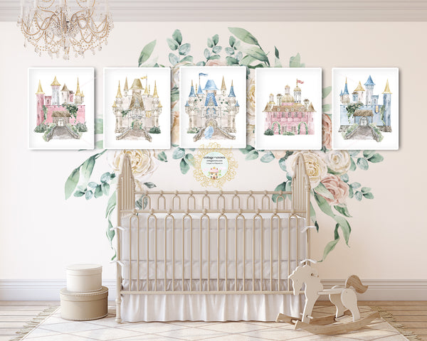 5 Pink Gold Blue Fairytale Princess Castle Magic Kingdom Wall Art Print Set