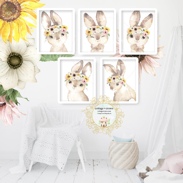 5 Boho Woodland Bunny Rabbit Wall Art Prints - Blush Sunflower Anemone Roses