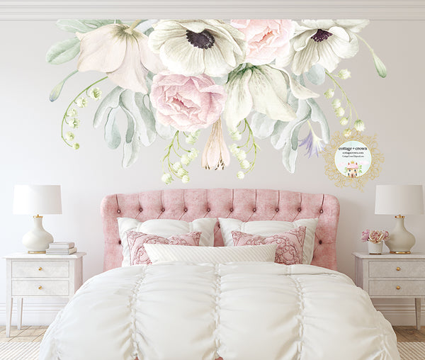 SALE - 72" Anemone Blush Flower Bouquet Wall Decal Baby Girl Floral Peony Pink White Nursery Décor