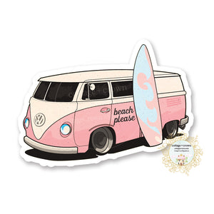 Pink Volkswagen Bus Van - Beach Please - Vinyl Decal Sticker