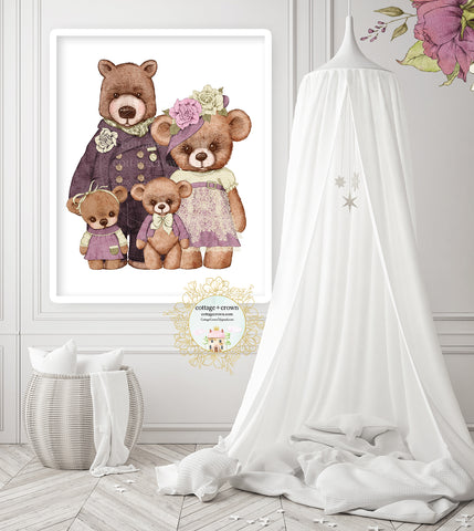 Boho Woodland Bear Family Purple Wall Art Print