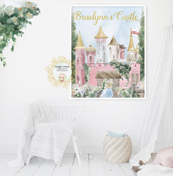 Boho Personalized Name Pink Castle Princess Girl Whimsical Wall Art Print - Unicorn Fox Enchanted Ethereal Garden