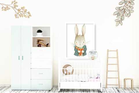 Bunny Rabbit Boho Woodland Gender Neutral Nursery Wall Art Print