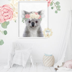 Boho Blush Pink Koala Bear Peony Floral Woodland Animal Wall Art Print