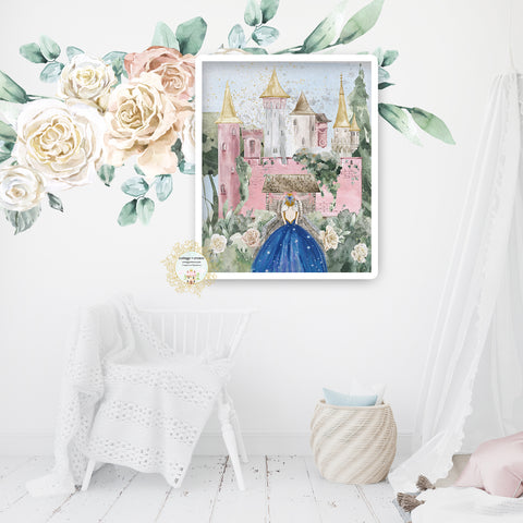 Pink Gold Fairytale Princess Castle Magic Kingdom Blue Dress Wall Art Print