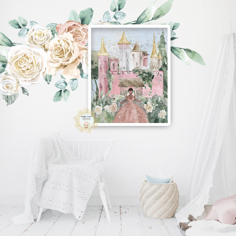 Pink Gold Fairytale African American Princess Castle Magic Kingdom Rose Dress Wall Art Print