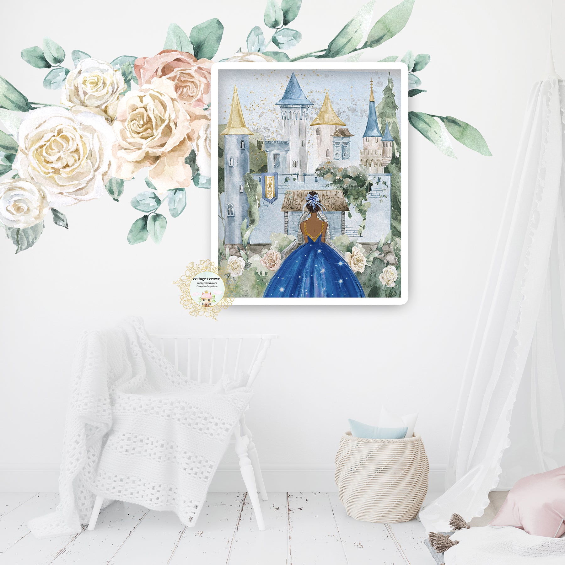Blue Gold Fairytale African American Princess Castle Magic Kingdom Dress Wall Art Print