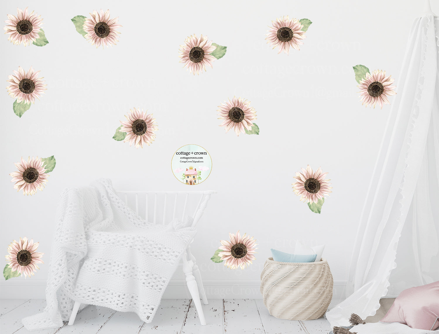 24 Blush Pink Sunflower + Leaf Wall Decal Floral Sticker Décor