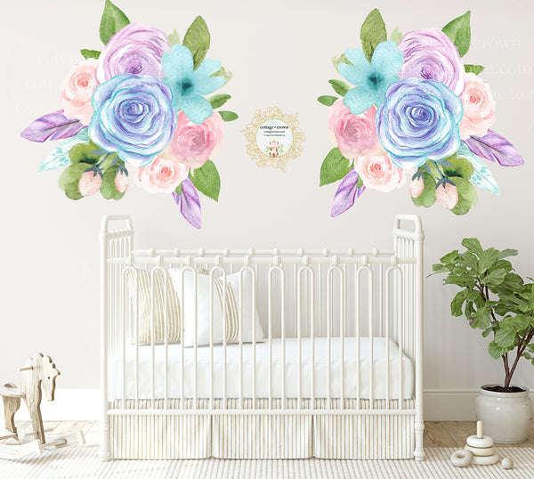 SALE 2 Purple Feather Flower Wall Decal Baby Girl Floral Peony Pink Turquoise Nursery Décor