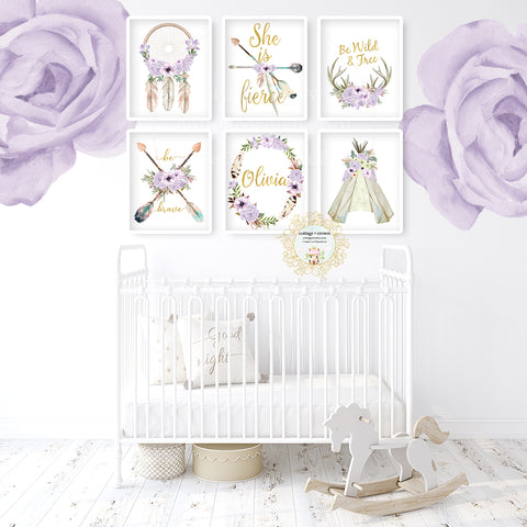 6 Boho Purple Peony Tribal Wall Art Prints - Personalized Name Teepee Dreamcatcher Antlers Arrows