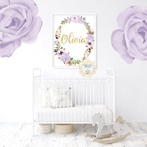 Personalized Name Initial Boho Purple Peony Tribal Wall Art Print - Baby Girl Nursery