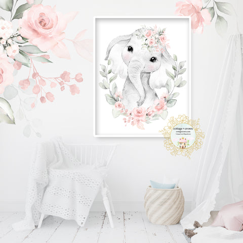Boho Blush Elephant Pink Floral Zoo Animal Wall Art Print
